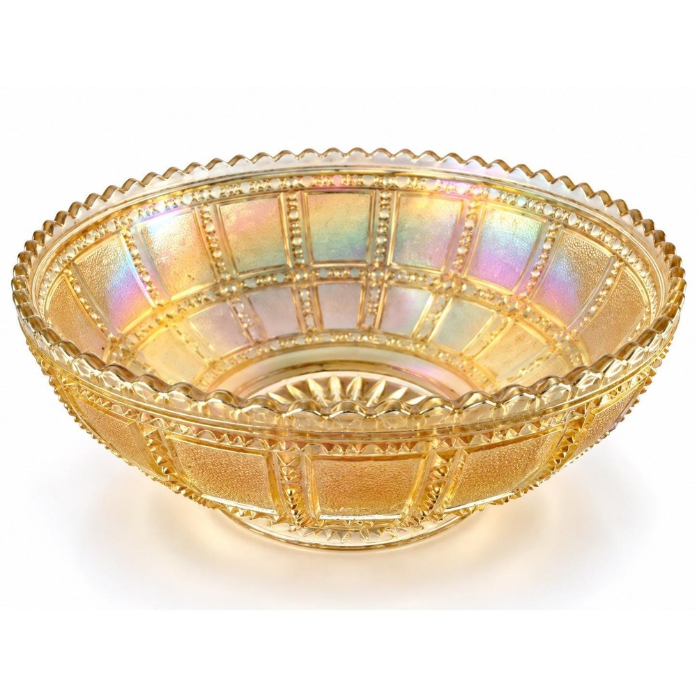 Vintage Imperial Glass Beaded Block Frosted Block Marigold Carnival Bowl 7"